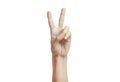 Isolated hand signal on white background, male adult hand making a two fingers peace sign