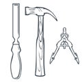 Isolated Hand Tools Chisel, Hummer and Compass. Vector