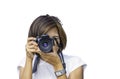 Isolated Hand woman holding the camera Taking pictures on a white background with clipping path Royalty Free Stock Photo