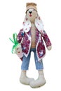 Isolated handmade doll hare in fashionable clothes