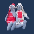 Isolated handmade dolls bunny family in homespun clothing sitting