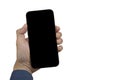 Isolated hands and smartphone on white background, Mockup image of hand holding mobile phone, man hand holding modern black phone Royalty Free Stock Photo