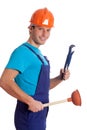 Isolated handyman with wrench and plunger Royalty Free Stock Photo