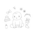 Isolated of a happy baby child wear diaper sitting and smiling with baby supplies, hand drawn outline vector