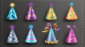 Isolated Happy Birthday cone hat accessory modern. Set of realistic foil party caps with ribbon icon for celebration or