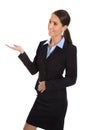 Isolated happy businesswoman presenting and showing over white b Royalty Free Stock Photo