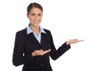 Isolated happy businesswoman presenting and showing over white b Royalty Free Stock Photo