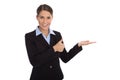 Isolated happy businesswoman presenting and showing over white b Royalty Free Stock Photo