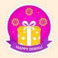 Isolated Happy Diwali Sticker Of Gift Box Against Mandala Pink And Yellow