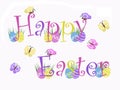 Isolated Happy Easter text with eggs, grass, butterflies with white background Royalty Free Stock Photo