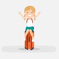 Isolated happy girl on an orange suitcase on a white background