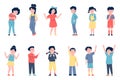 Isolated happy kids standing. Joyful children, cartoon flat emotional characters. Kindergarten ages boys and girls, cute Royalty Free Stock Photo