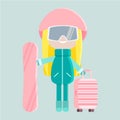 Isolated happy young blonde girl in warm clothes with snowbording glasses, a pink helmet, a snowboard and a suitcase Royalty Free Stock Photo