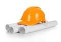 Isolated hard hat with blueprints