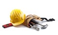 isolated hard hat with tools and blueprint on whi Royalty Free Stock Photo