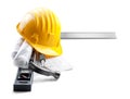 Isolated hard hat with tools and blueprint on whit Royalty Free Stock Photo