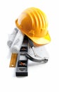 Isolated hard hat with tools and blueprint on whit Royalty Free Stock Photo