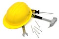 Isolated hard hat with tools on white Royalty Free Stock Photo