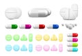 Isolated healthcare white pills, antibiotics or painkiller drugs. Vitamin pill, antibiotic capsule and pharmaceutical