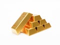 Isolated of heap of gold bar or gold ingot stacking on white background by 3D rendering technique