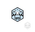 Isolated hexagon shape blue color quadrocopter logo on white background, unmanned aerial vehicle logotype, rc drone