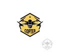 Isolated hexagon shape yellow color quadrocopter logo on white background, unmanned aerial vehicle logotype, rc drone Royalty Free Stock Photo