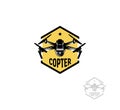 Isolated hexagon shape yellow color quadrocopter logo on white background, unmanned aerial vehicle logotype, rc drone