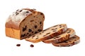 Isolated homemade rustic sliced bread with raisins on a cutout PNG transparent background