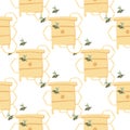 Isolated honey theme seamless pattern. Hand drawn bees, beehives and honeycomb in yellow color on white background Royalty Free Stock Photo