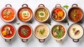 Isolated hot food in a restaurant. Japanese miso, Asian fish soup, Russian borscht, English pea soup, mushroom soup Royalty Free Stock Photo