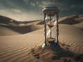 Isolated hourglass on a sandy dune in a hot and arid desert landscape. AI-generated.