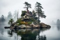 House island foggy lake. Generate Ai Royalty Free Stock Photo