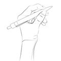 Isolated human hand holding ballpoint sketch vector