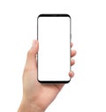 Isolated human left hand holding black mobile white screen smart