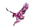 Isolated hunting eagle composed of pink petunia flowers on white background