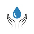 Isolated icon of blue water drop in black line hands on white background. Silhouette of aqua drop and hands. Symbol of care,