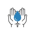 Isolated icon of blue water drop in black line hands on white background. Silhouette of aqua drop and hands. Symbol of care, Royalty Free Stock Photo