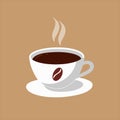 Isolated icon, an elegant cup of hot coffee. White cup with coffee bean print. Cartoon vector illustration.