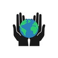 Isolated icon of green planet, earth in black open hands on white background. Color globe and hands. Symbol of care, protection. Royalty Free Stock Photo