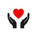 Isolated icon of red heart in black hands on white background. Silhouette of heart and hands. Symbol of care, love, charity Royalty Free Stock Photo