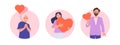 Isolated icon set of round composition with happy diverse people characters falling in love