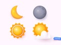 Isolated icon of sun and moon, crescent. Render of star and planet, full gray moon and yellow sun with cloud. 3D Vector