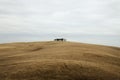 Isolated idyllic peaceful farm house building on top of a grass meadow field hill on cloudy day in South Iceland Europe