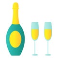 Isolated illustration of Bottle of champagne bubbly, two glasses. Vector for Christmas time, New Year, Birthday party Royalty Free Stock Photo