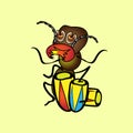 Isolated illustration cartoon. A hungry termite who plays the drums. Vintage