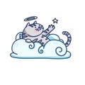 Isolated illustration of a cute angel cat on the clouds. Cartoon style. Vector Royalty Free Stock Photo