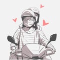Isolated illustration of girls riding motorbike, motorcycle with face mask, helmet and glasses