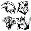 Isolated illustration of a head of an eagle, a bear, a leopard a