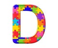 Isolated illustration of the letter D consisting of colorful puzzle pieces on white background