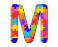 Isolated illustration of the letter M consisting of colorful puzzle pieces on white background